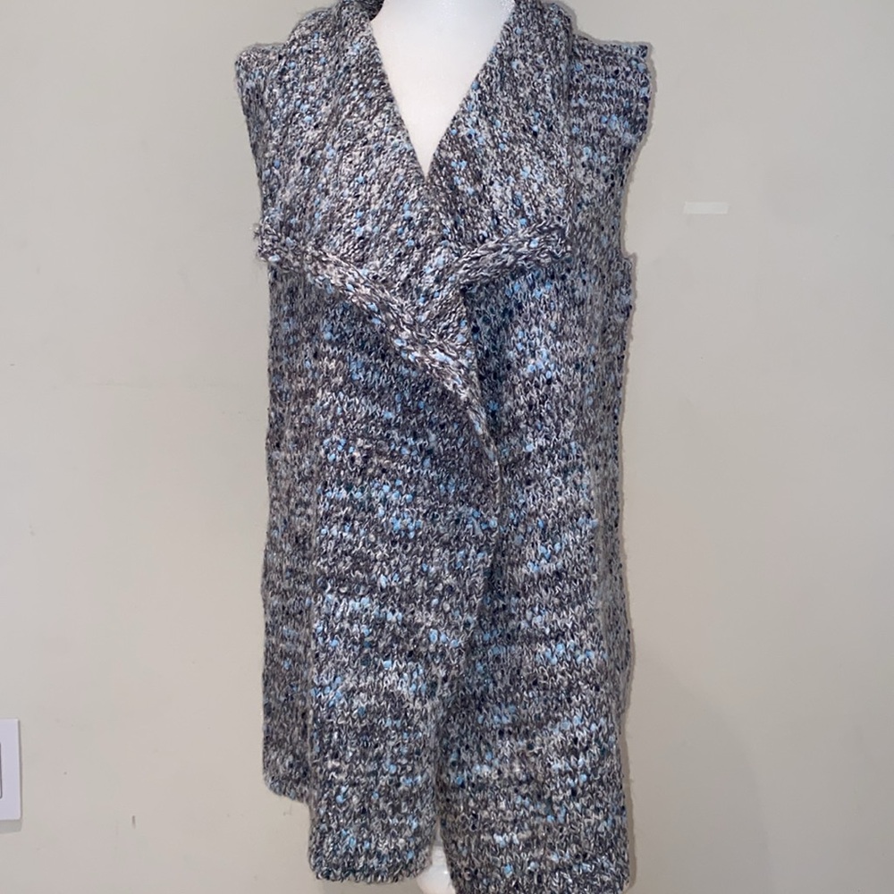 LOFT Outlet long open knit soft blue gray green metallic vest Sz Small Petite